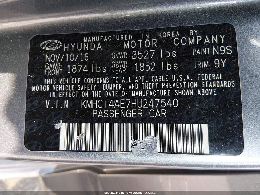 2017 Hyundai Accent Se VIN: KMHCT4AE7HU247540 Lot: 45641616