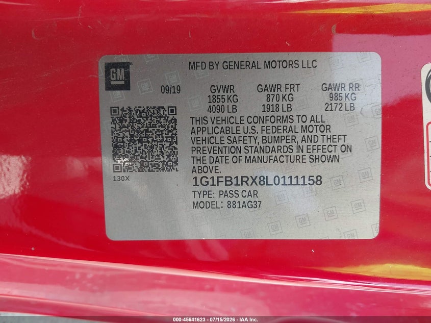 2020 Chevrolet Camaro Rwd 1Lt VIN: 1G1FB1RX8L0111158 Lot: 45641623