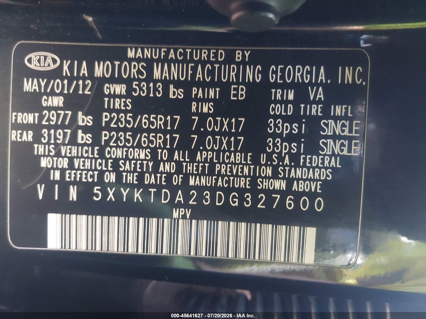 2013 Kia Sorento Lx V6 VIN: 5XYKTDA23DG327600 Lot: 45641627