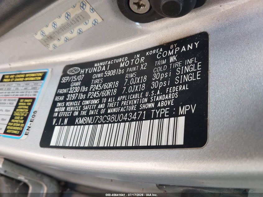 2008 Hyundai Veracruz Gls/Limited/Se VIN: KM8NU73C98U043471 Lot: 45641641