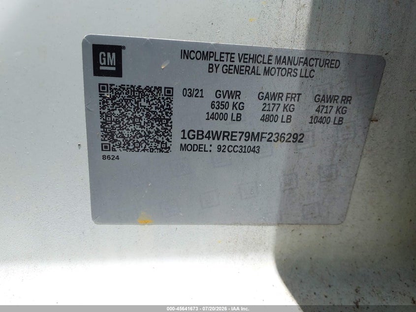 2021 Chevrolet Silverado 3500Hd Chassis Work Truck VIN: 1GB4WRE79MF236292 Lot: 45641673