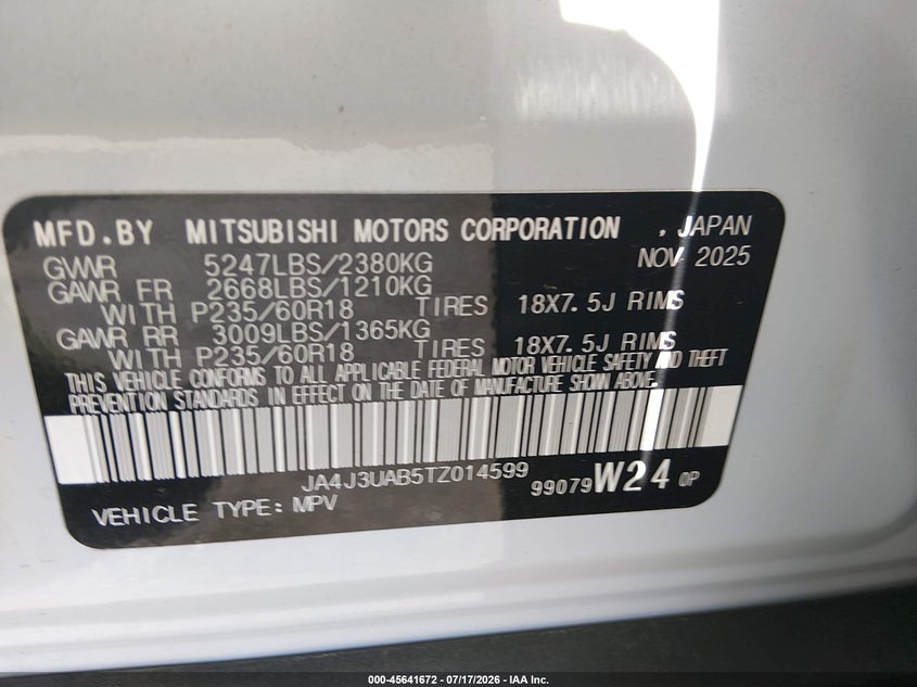 2026 Mitsubishi Outlander Es 2.5 2Wd VIN: JA4J3UAB5TZ014599 Lot: 45641672
