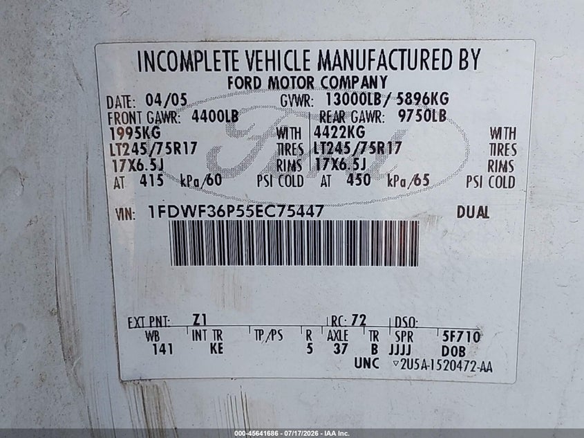 2005 Ford F-350 Xl/Xlt VIN: 1FDWF36P55EC75447 Lot: 45641686