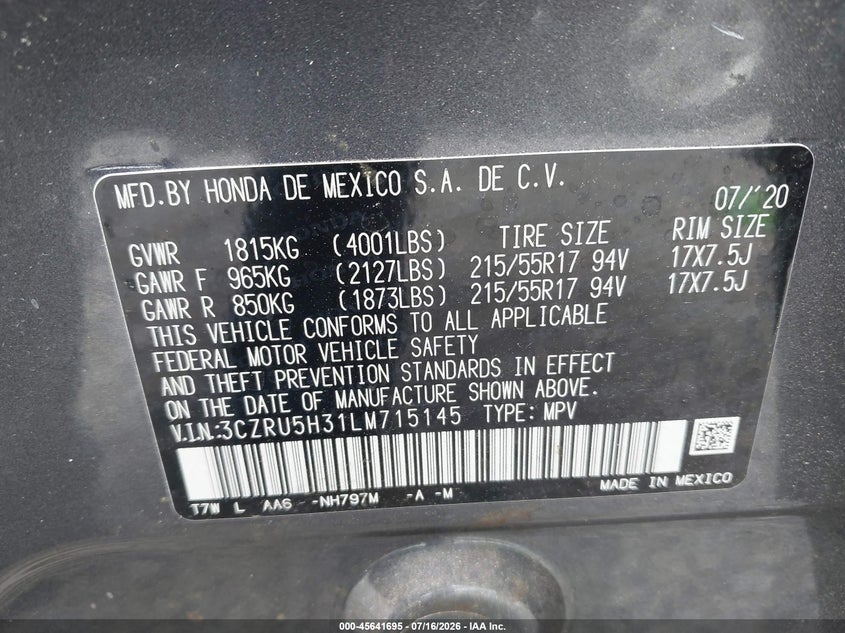 HONDA HR-V 2020 VIN 3CZRU5H31LM715145