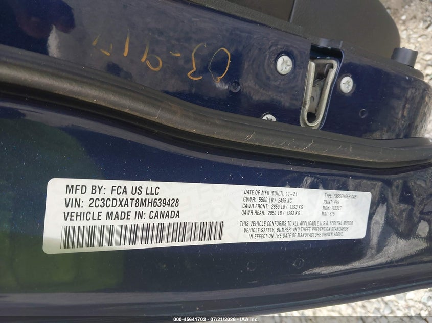 2021 Dodge Charger Police Rwd VIN: 2C3CDXAT8MH639428 Lot: 45641703