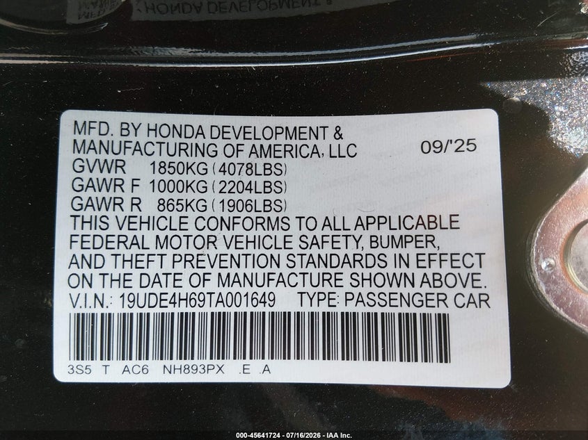 ACURA INTEGRA 2026 VIN 19UDE4H69TA001649