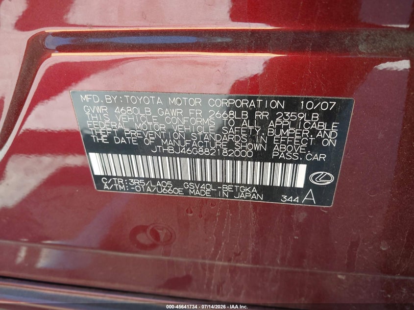 2008 Lexus Es 350 VIN: JTHBJ46G882182000 Lot: 45641734