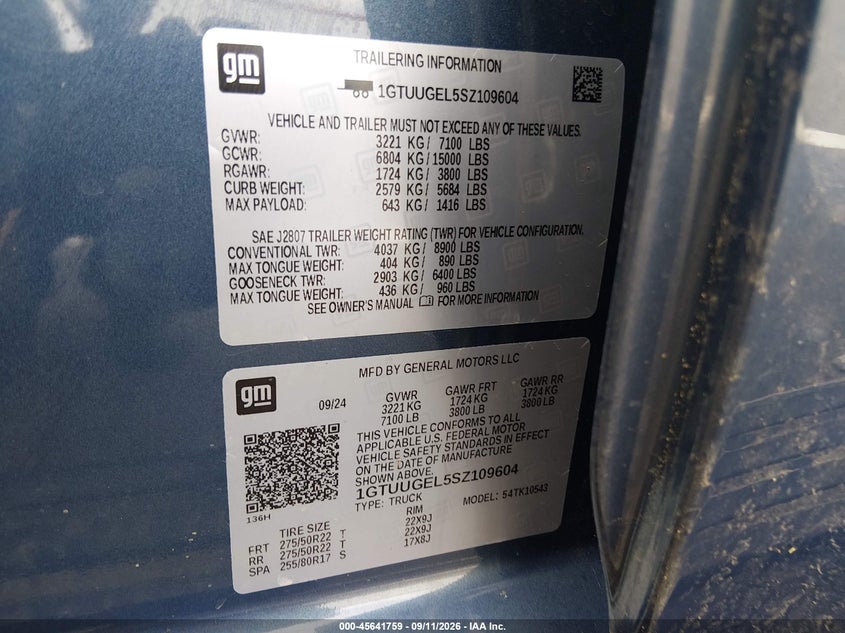 GMC SIERRA 1500 2025 VIN 1GTUUGEL5SZ109604