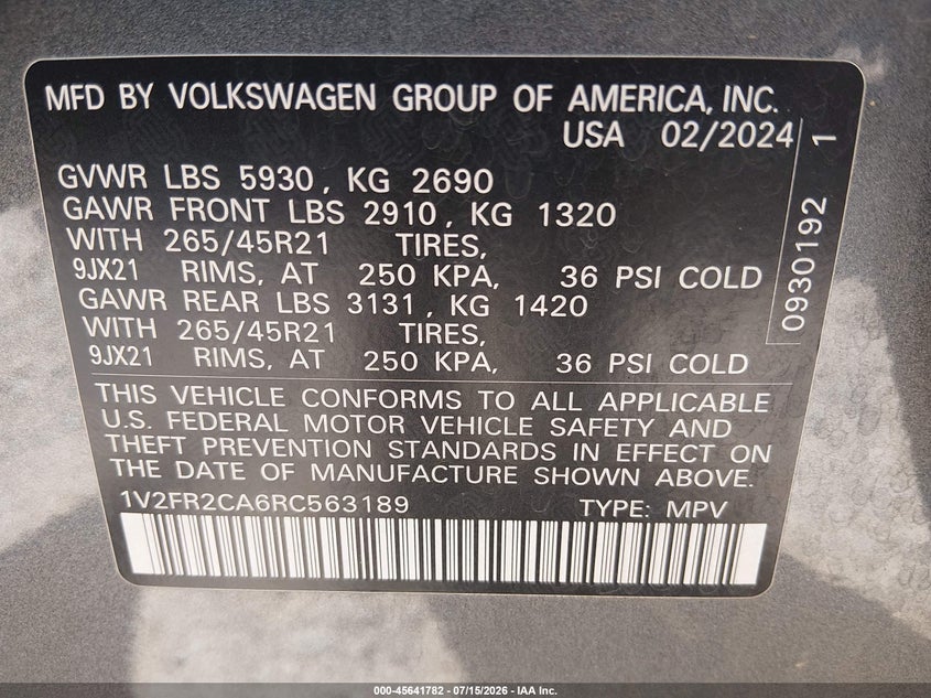 2024 Volkswagen Atlas 2.0T Sel Premium R-Line VIN: 1V2FR2CA6RC563189 Lot: 45641782