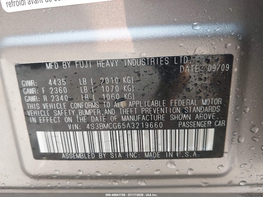 SUBARU LEGACY 2010 VIN 4S3BMCG65A3219660