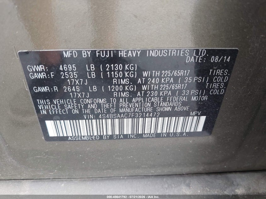 2015 Subaru Outback 2.5I VIN: 4S4BSAAC7F3214472 Lot: 45641792