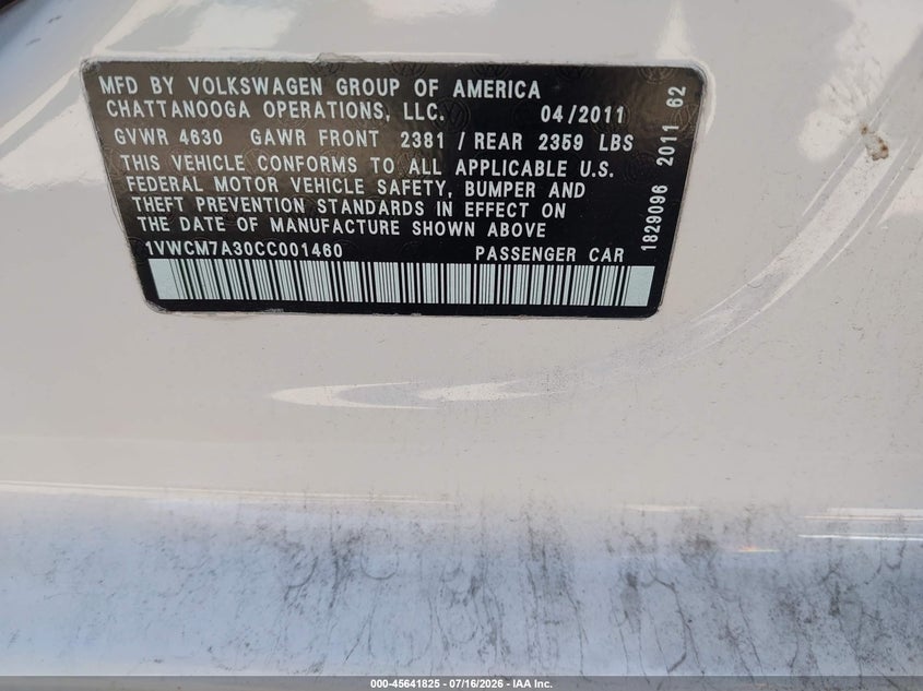 2012 Volkswagen Passat 3.6L V6 Sel Premium VIN: 1VWCM7A30CC001460 Lot: 45641825
