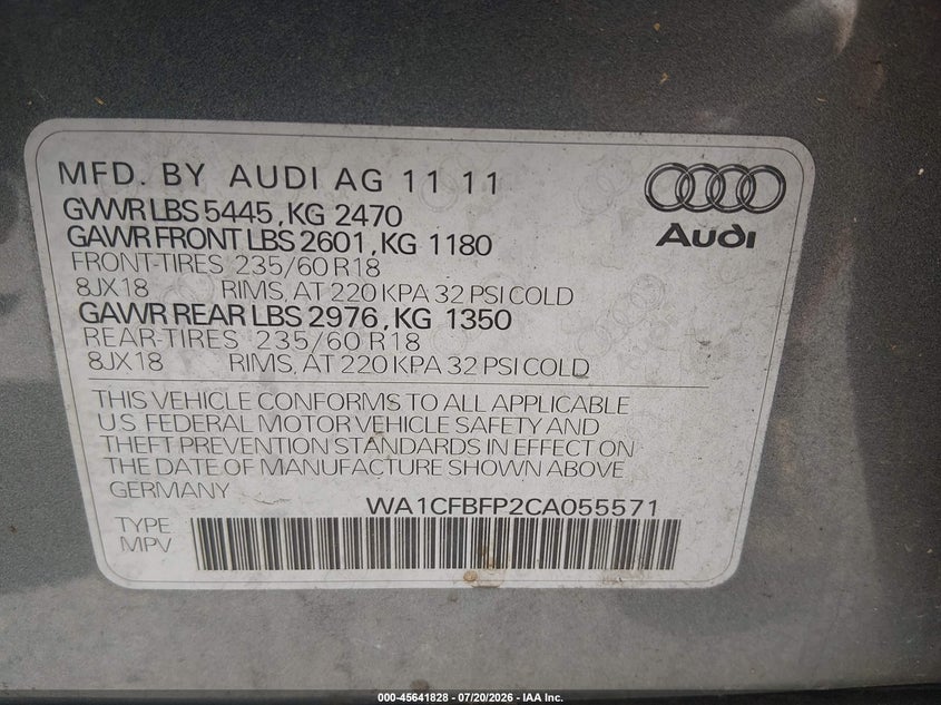 2012 Audi Q5 2.0T Premium VIN: WA1CFBFP2CA055571 Lot: 45641828