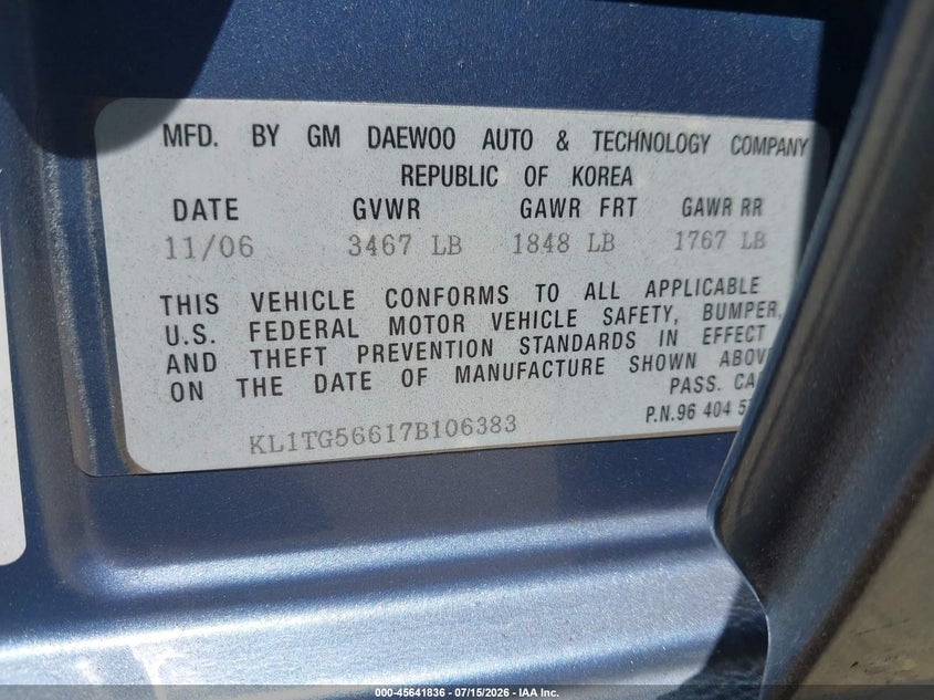 2007 Chevrolet Aveo Lt VIN: KL1TG56617B106383 Lot: 45641836