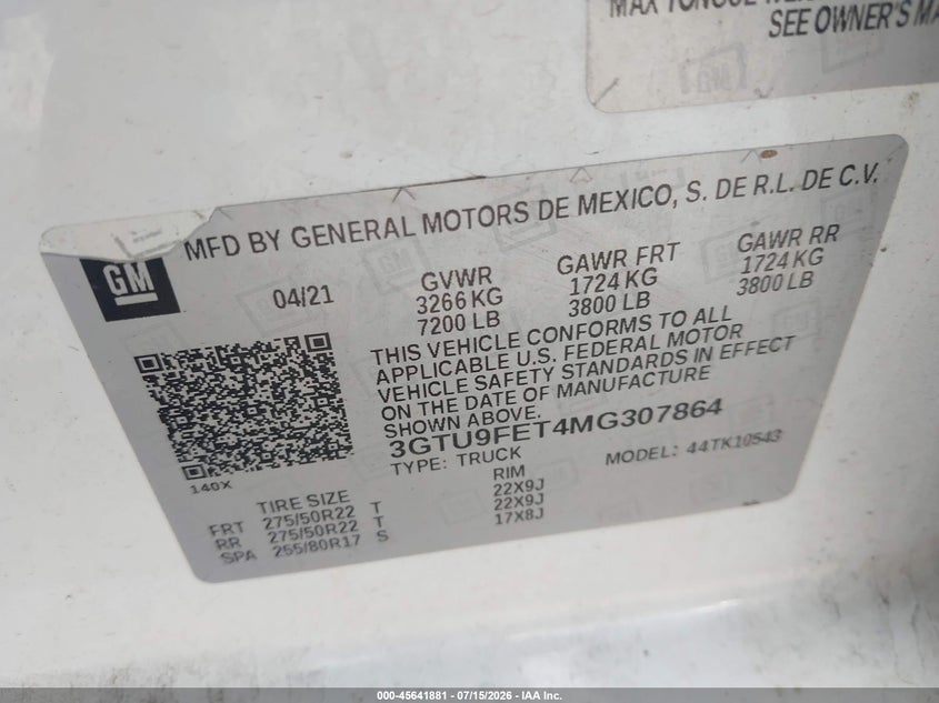 GMC SIERRA 1500 2021 VIN 3GTU9FET4MG307864