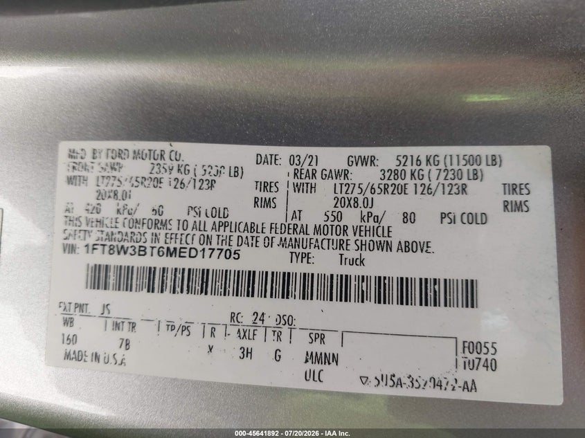 2021 Ford F-350 Platinum VIN: 1FT8W3BT6MED17705 Lot: 45641892