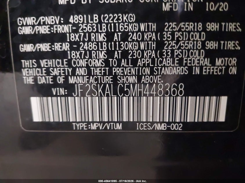 2021 SUBARU FORESTER SPORT UTILITY VEHICLE 2.5L H-4 DI, DOHC, VVT, 182HP