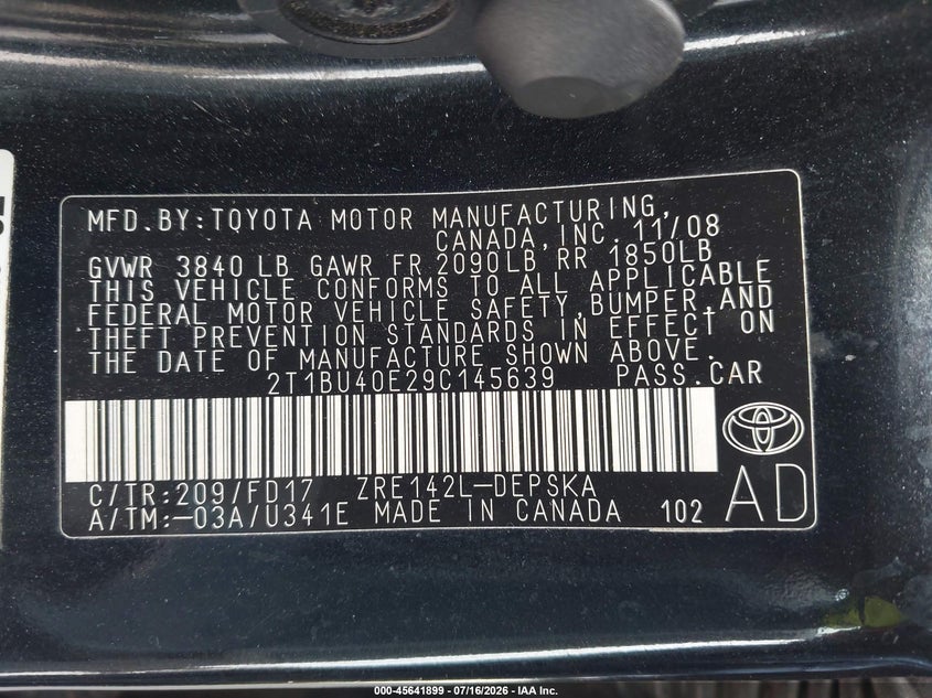 2009 Toyota Corolla S VIN: 2T1BU40E29C145639 Lot: 45641899