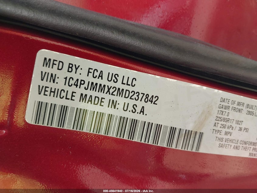 JEEP CHEROKEE 2021 VIN 1C4PJMMX2MD237842