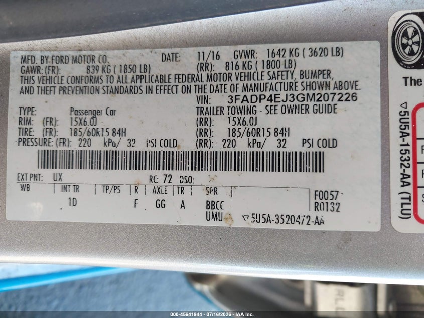 Vin: 03fadp4ej3gm20722, lot: 46140467, ford fiesta se 20164