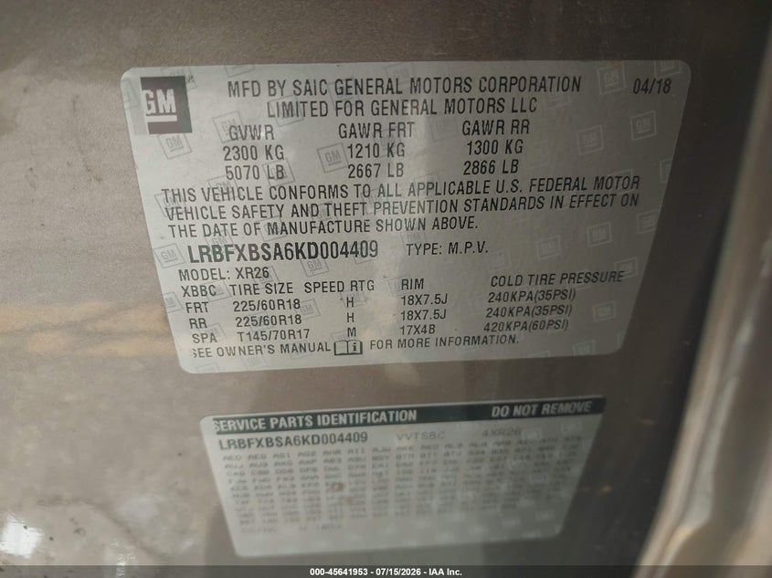2019 Buick Envision Fwd Preferred VIN: LRBFXBSA6KD004409 Lot: 45641953