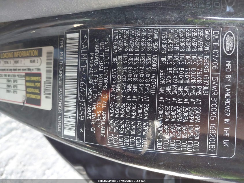 2006 Land Rover Range Rover Hse VIN: SALME15446A237459 Lot: 45641980