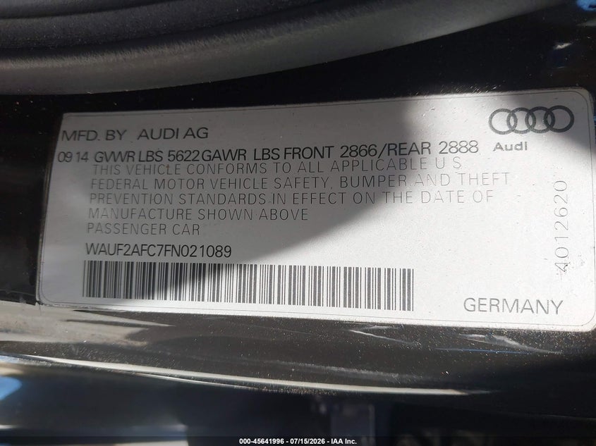 2015 Audi S6 4.0T VIN: WAUF2AFC7FN021089 Lot: 45641996