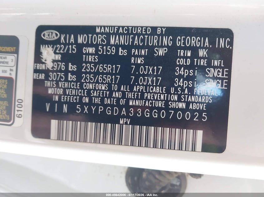 2016 Kia Sorento 2.4L Lx VIN: 5XYPGDA33GG070025 Lot: 45642006