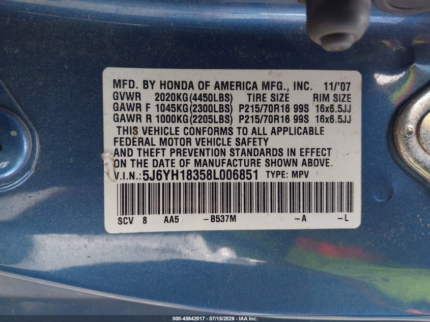 2008 Honda Element Lx VIN: 5J6YH18358L006851 Lot: 45642017