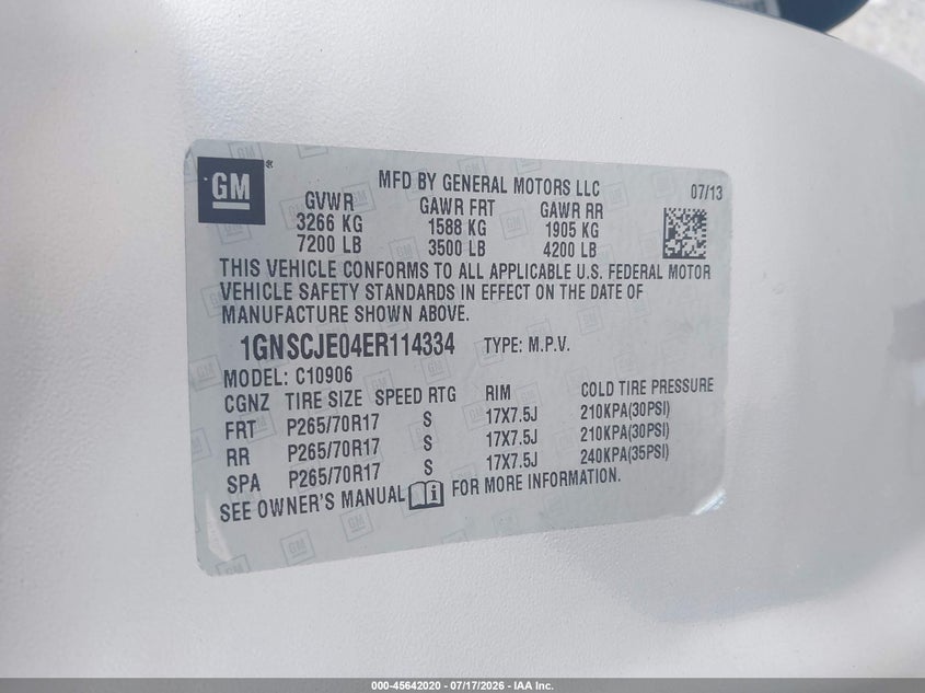 2014 Chevrolet Suburban Lt VIN: 1GNSCJE04ER114334 Lot: 45642020