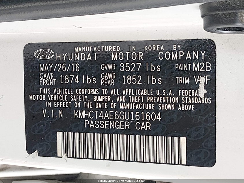 2016 Hyundai Accent Se VIN: KMHCT4AE6GU161604 Lot: 45642026