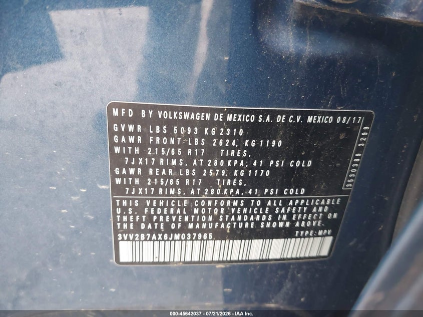 2018 Volkswagen Tiguan 2.0T Se/2.0T Sel VIN: 3VV2B7AX6JM037965 Lot: 45642037