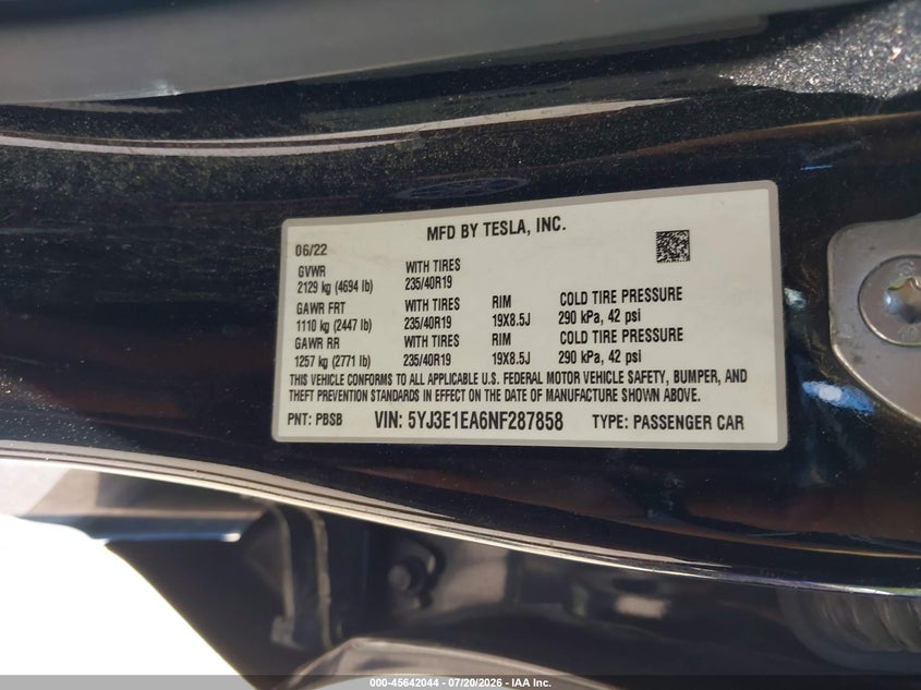 2022 Tesla Model 3 Rear-Wheel Drive VIN: 5YJ3E1EA6NF287858 Lot: 45642044