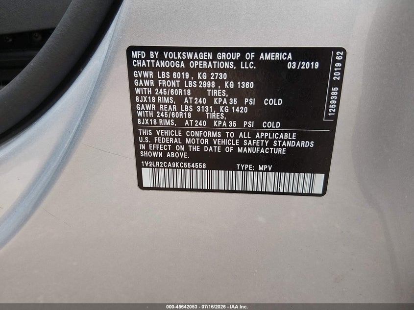 2019 Volkswagen Atlas 3.6L V6 Se VIN: 1V2LR2CA9KC554558 Lot: 45642053