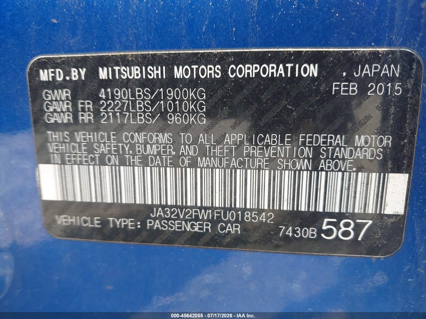 2015 Mitsubishi Lancer Se VIN: JA32V2FW1FU018542 Lot: 45642055
