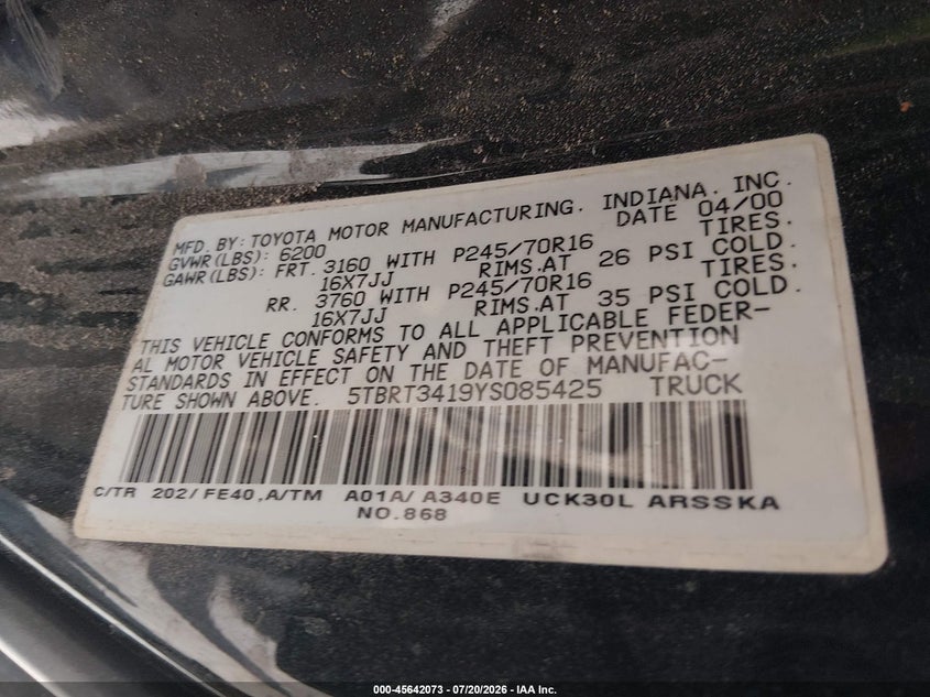 2000 Toyota Tundra Sr5 V8 VIN: 5TBRT3419YS085425 Lot: 45642073