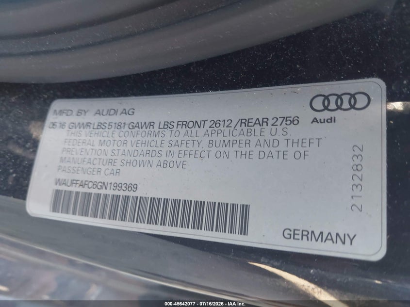 2016 Audi A6 2.0T Premium VIN: WAUFFAFC6GN199369 Lot: 45642077