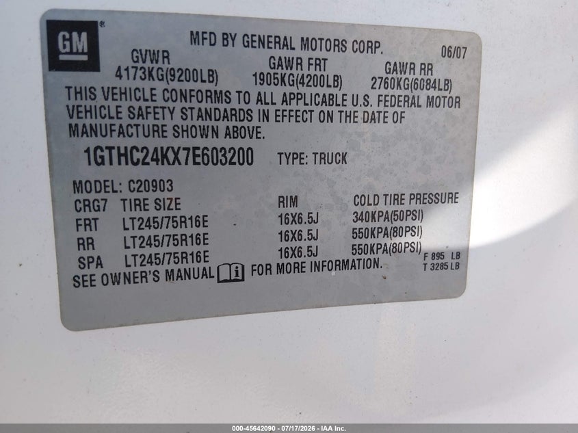 GMC SIERRA 2500HD 2007 VIN 1GTHC24KX7E603200