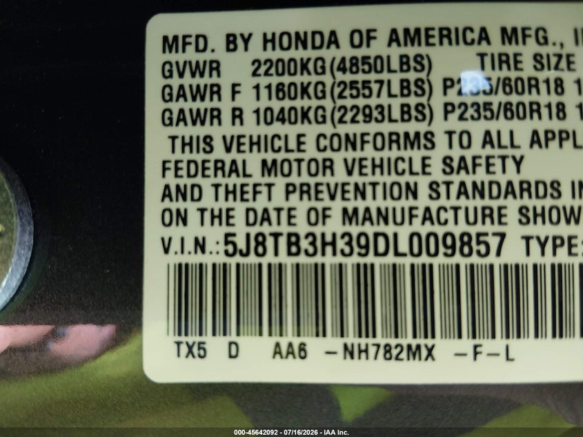 2013 Acura Rdx VIN: 5J8TB3H39DL009857 Lot: 45642092