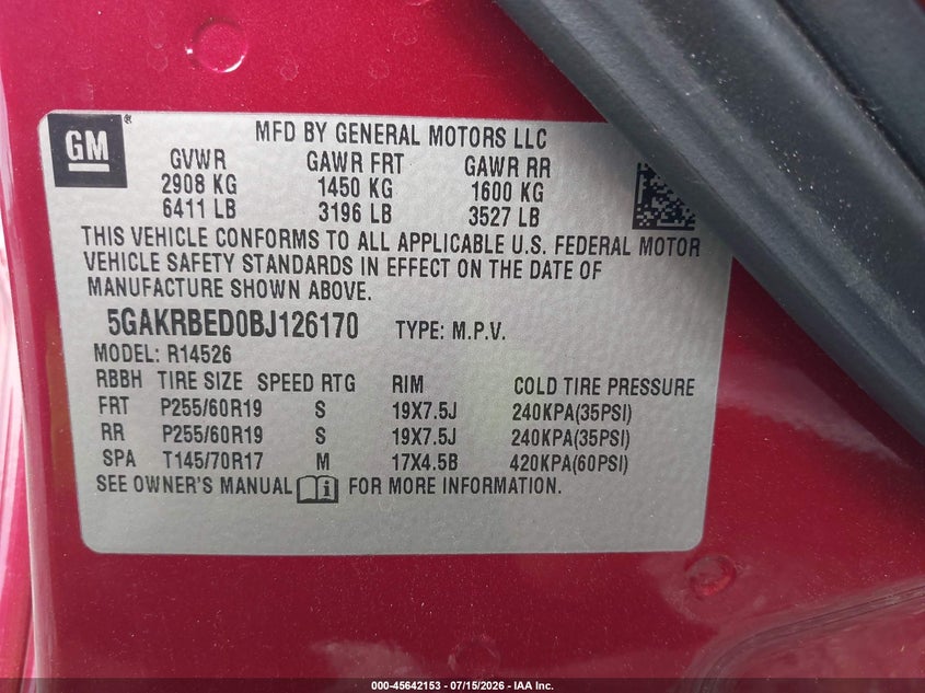 2011 Buick Enclave 1Xl VIN: 5GAKRBED0BJ126170 Lot: 45642153