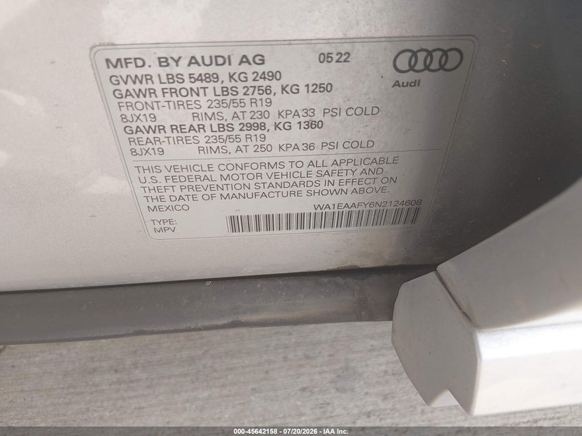 2022 Audi Q5 Premium Plus 45 Tfsi S Line Quattro S Tronic VIN: WA1EAAFY6N2124608 Lot: 45642158
