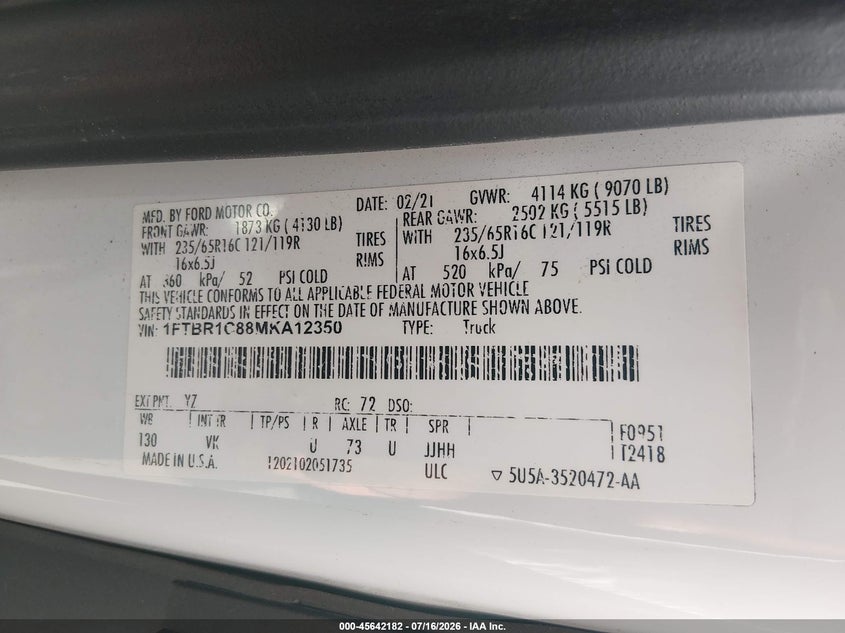 2021 Ford Transit-250 VIN: 1FTBR1C88MKA12350 Lot: 45642182