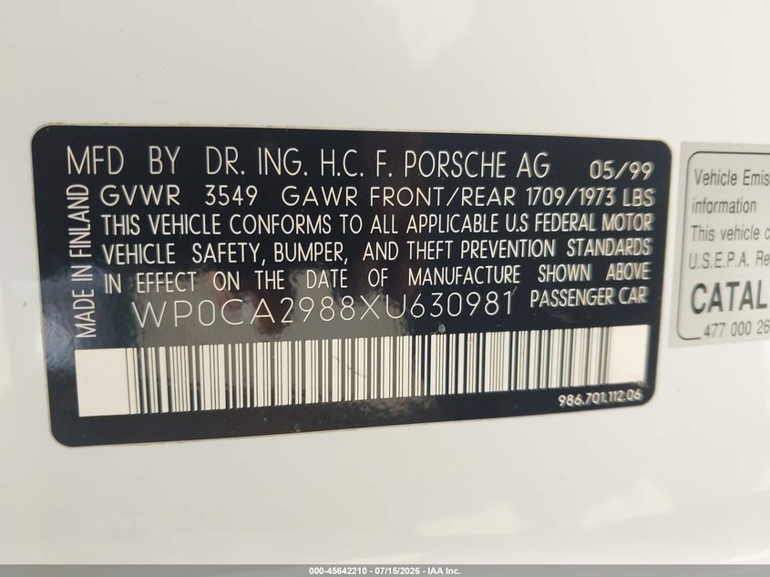 1999 Porsche Boxster VIN: WP0CA2988XU630981 Lot: 45642210