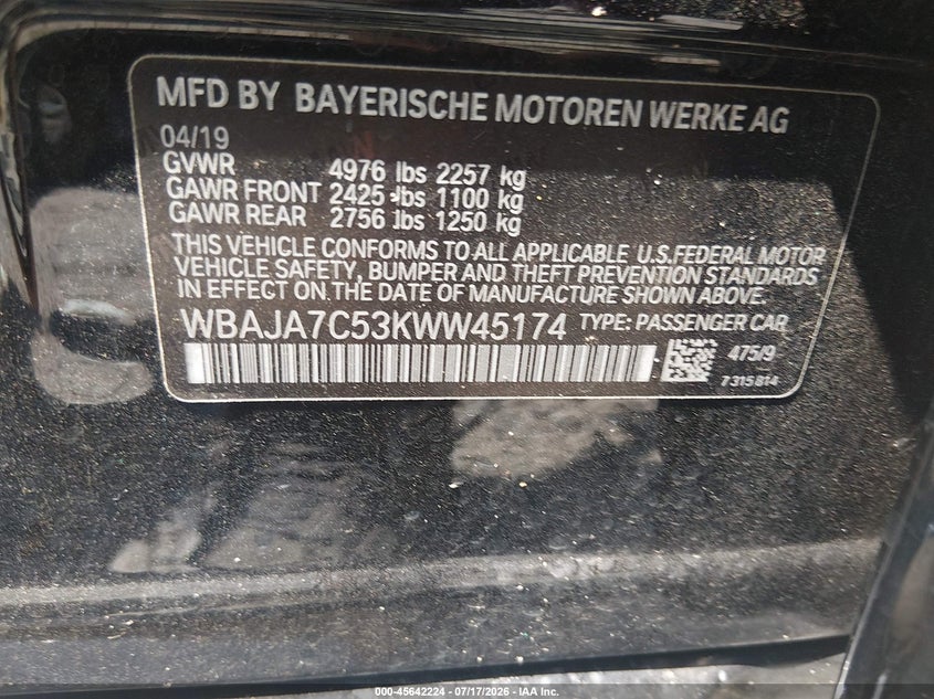 2019 BMW 5 Series 530I xDrive VIN: WBAJA7C53KWW45174 Lot: 45642224
