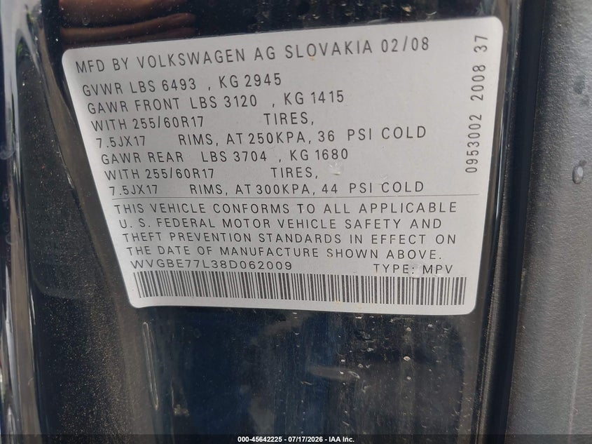 2008 Volkswagen Touareg 2 Vr6 Fsi VIN: WVGBE77L38D062009 Lot: 45642225