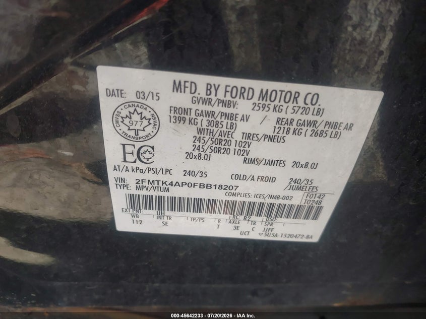 2015 Ford Edge Sport VIN: 2FMTK4AP0FBB18207 Lot: 45642233