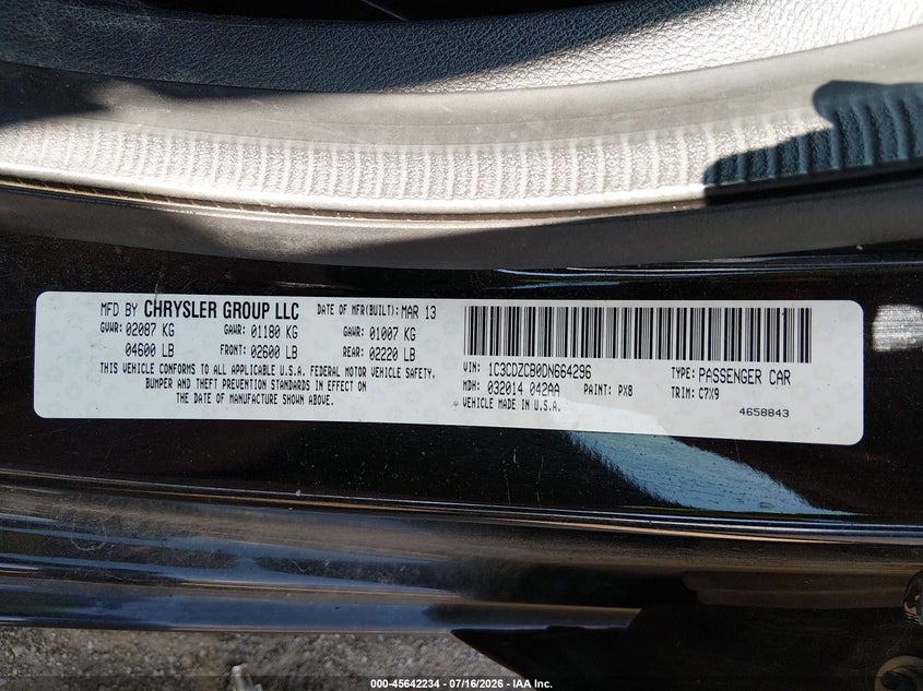 2013 Dodge Avenger Sxt VIN: 1C3CDZCB0DN664296 Lot: 45642234