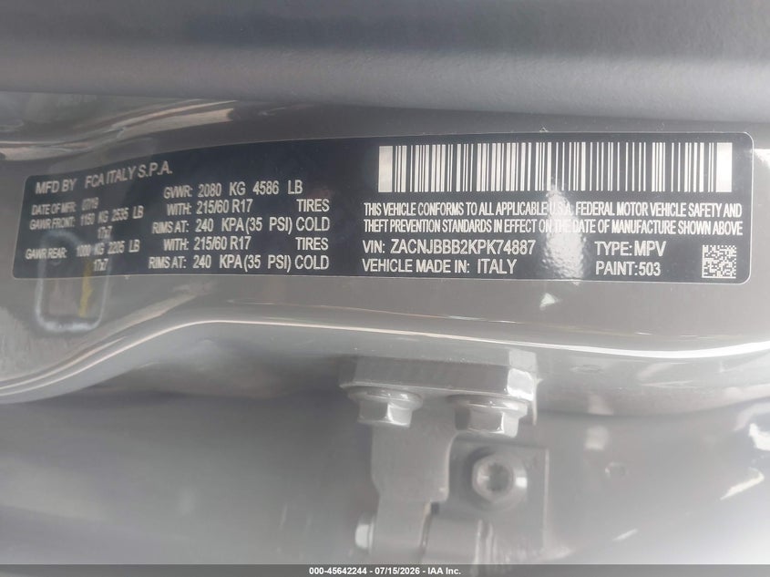 2019 Jeep Renegade Latitude 4X4 VIN: ZACNJBBB2KPK74887 Lot: 45642244