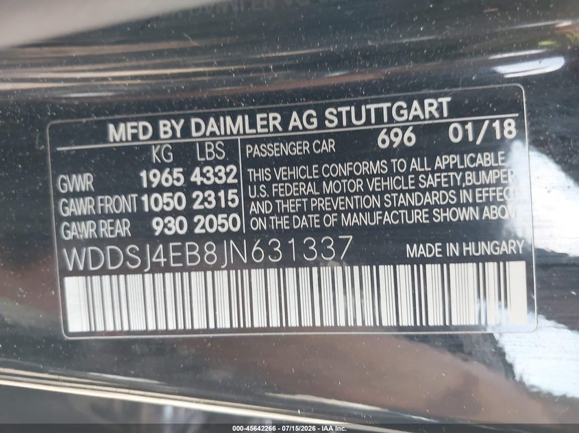 2018 Mercedes-Benz Cla 250 VIN: WDDSJ4EB8JN631337 Lot: 45642266