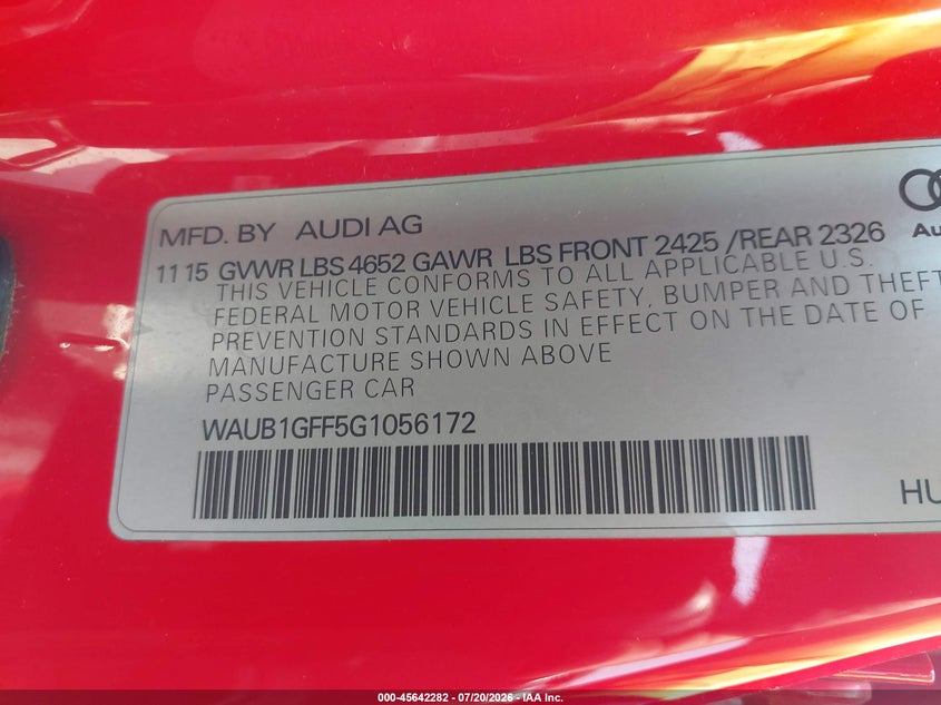 2016 Audi S3 Premium Plus VIN: WAUB1GFF5G1056172 Lot: 45642282